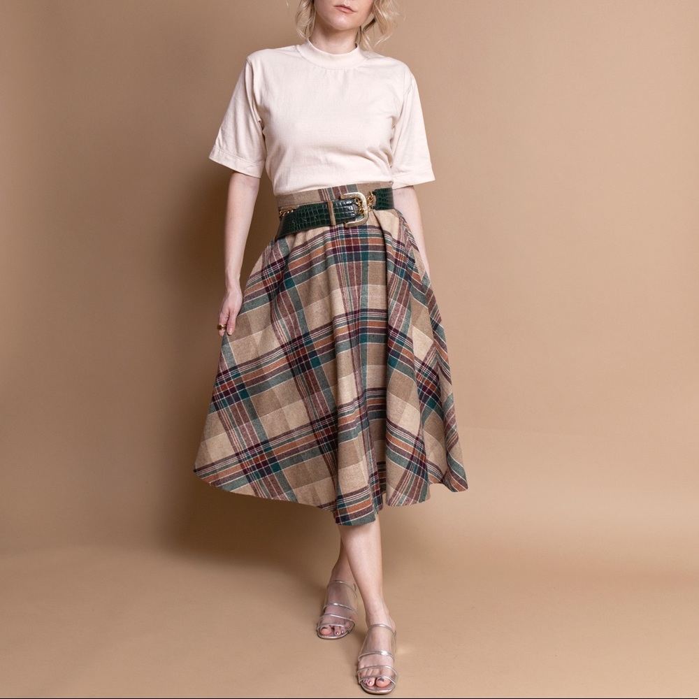 Vintage 70s tartan plaid autumn a line midi skirt